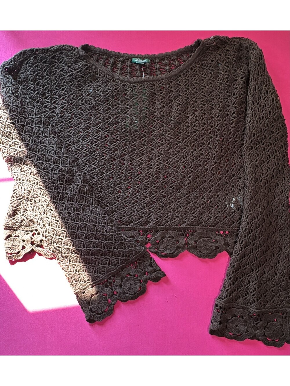 Wild Fable Crochet Floral Hem Sweater Brown Open Knit Size L New